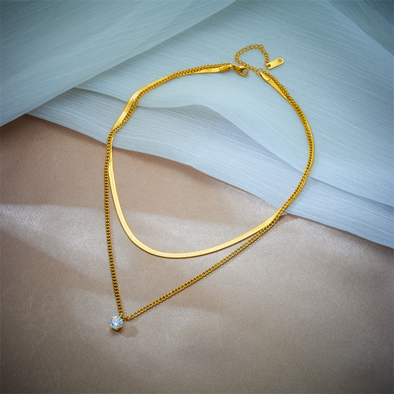 Women's Double-Layer Golden Chain Necklace with Synthetic Zirconia
